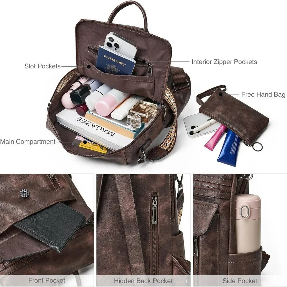Brown Faux Leather Women's Backpack with Wristlet